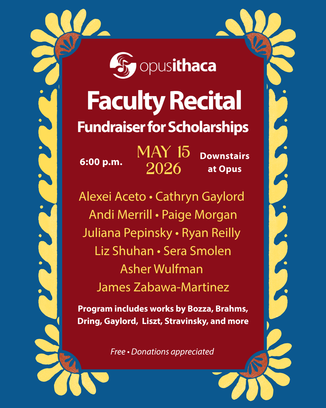 Faculty recital fundraiser for scholarships May 15 at 6 pm